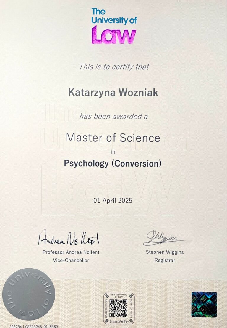 Master of Science in Psychology Certificate Katarzyna Woźniak