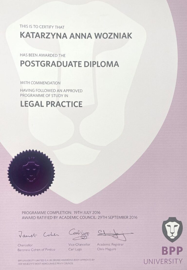 Postgraduate Diploma LLM in Pofessional Legal Practice Katarzyna Woźniak