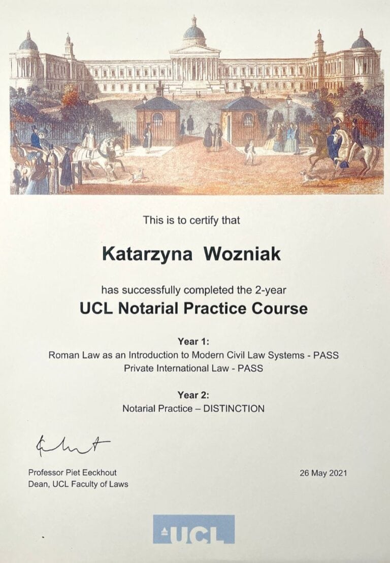 UCL Notarial Practice Course certificate Katarzyna Woźniak